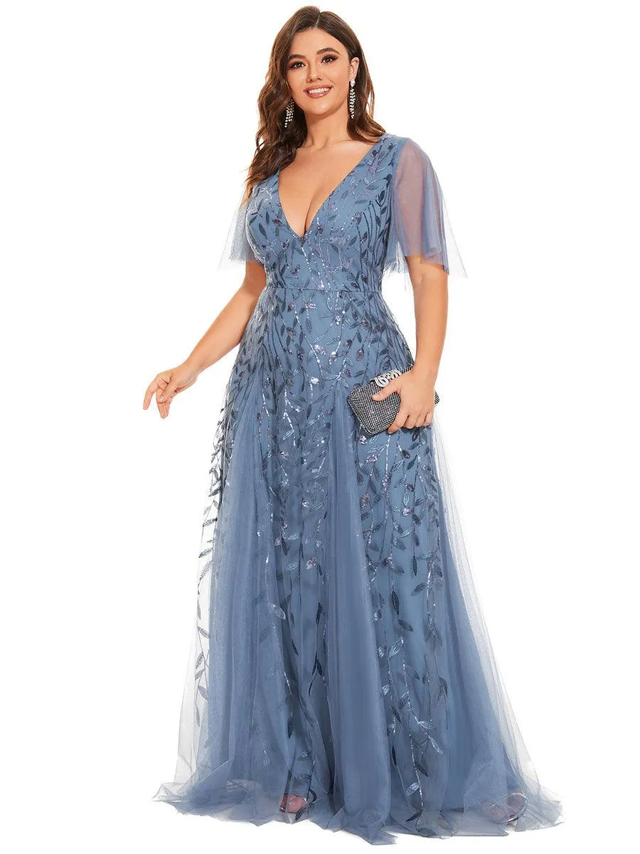 Taille personnalisée Grande Taille Robe de Soirée Romantique Scintillante à col en V et Manches à Volants