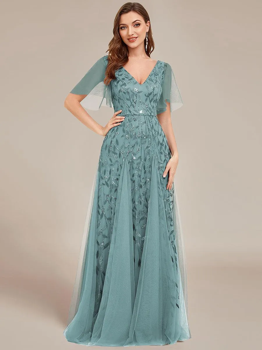 Taille personnalisée Grande Taille Robe de Soirée Romantique Scintillante à col en V et Manches à Volants