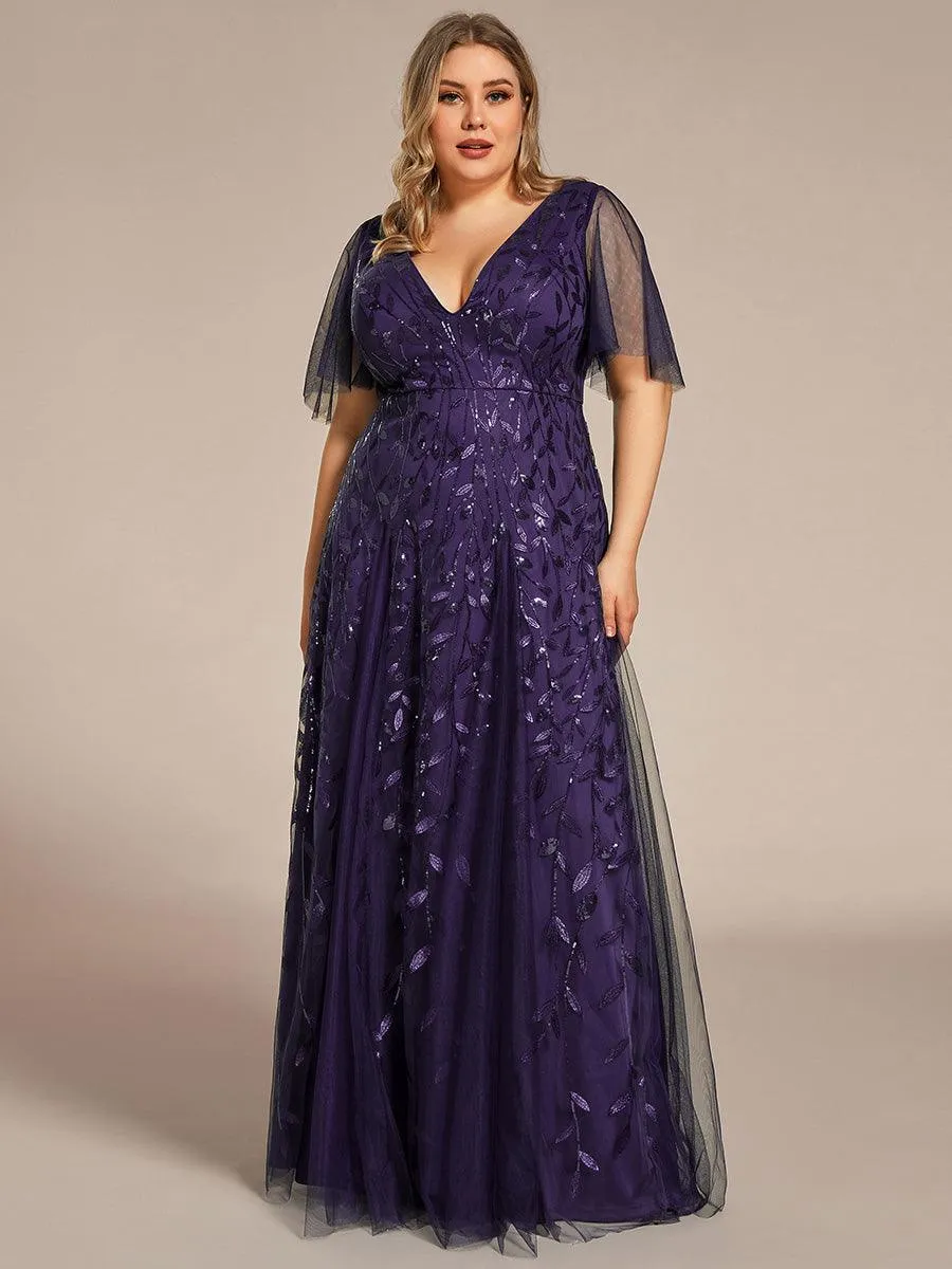 Taille personnalisée Grande Taille Robe de Soirée Romantique Scintillante à col en V et Manches à Volants