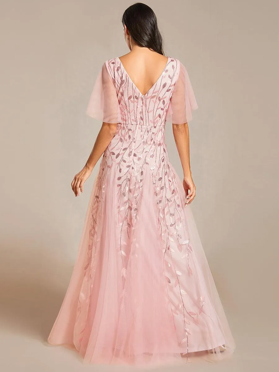 Taille personnalisée Grande Taille Robe de Soirée Romantique Scintillante à col en V et Manches à Volants
