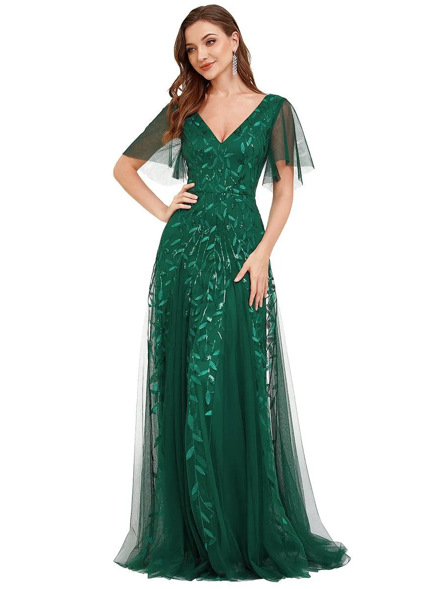 Taille personnalisée Grande Taille Robe de Soirée Romantique Scintillante à col en V et Manches à Volants