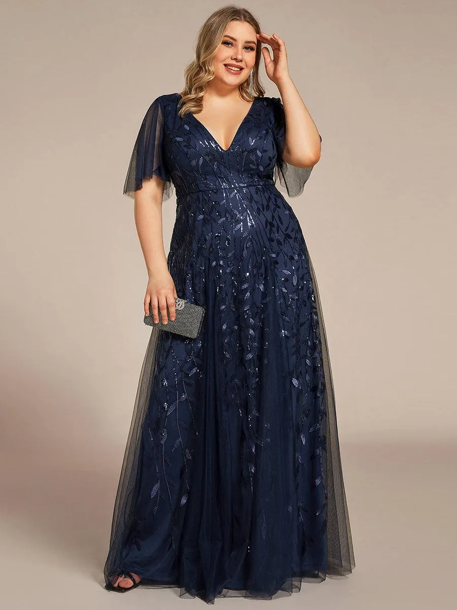Taille personnalisée Grande Taille Robe de Soirée Romantique Scintillante à col en V et Manches à Volants