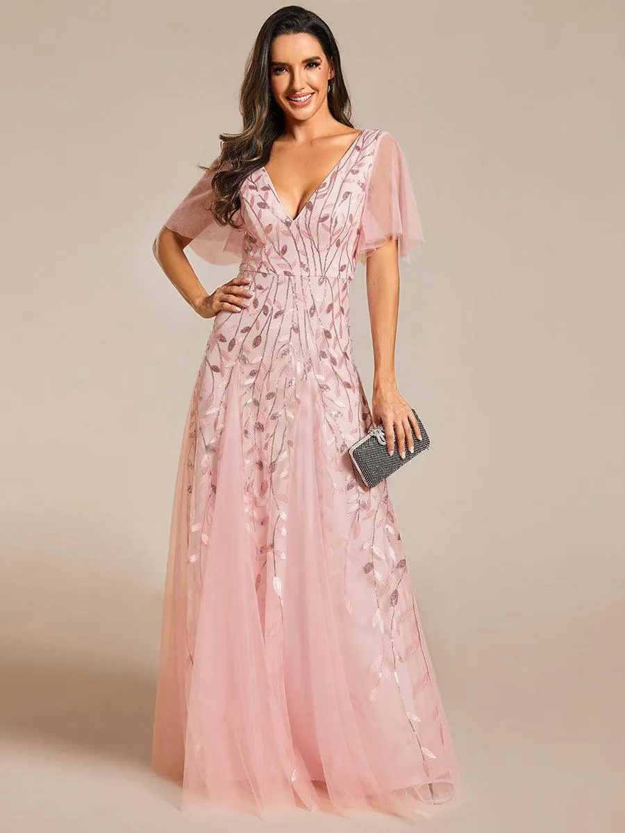 Taille personnalisée Grande Taille Robe de Soirée Romantique Scintillante à col en V et Manches à Volants