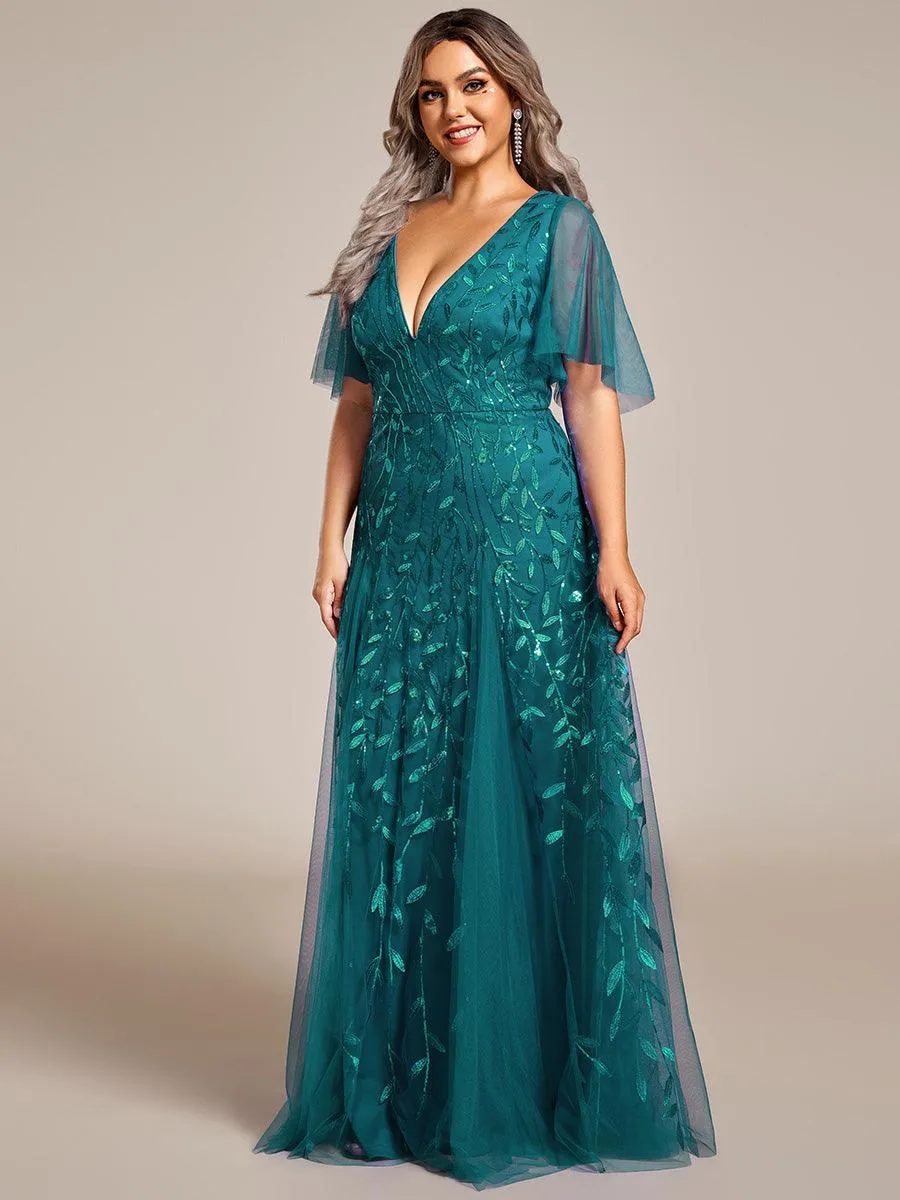 Taille personnalisée Grande Taille Robe de Soirée Romantique Scintillante à col en V et Manches à Volants
