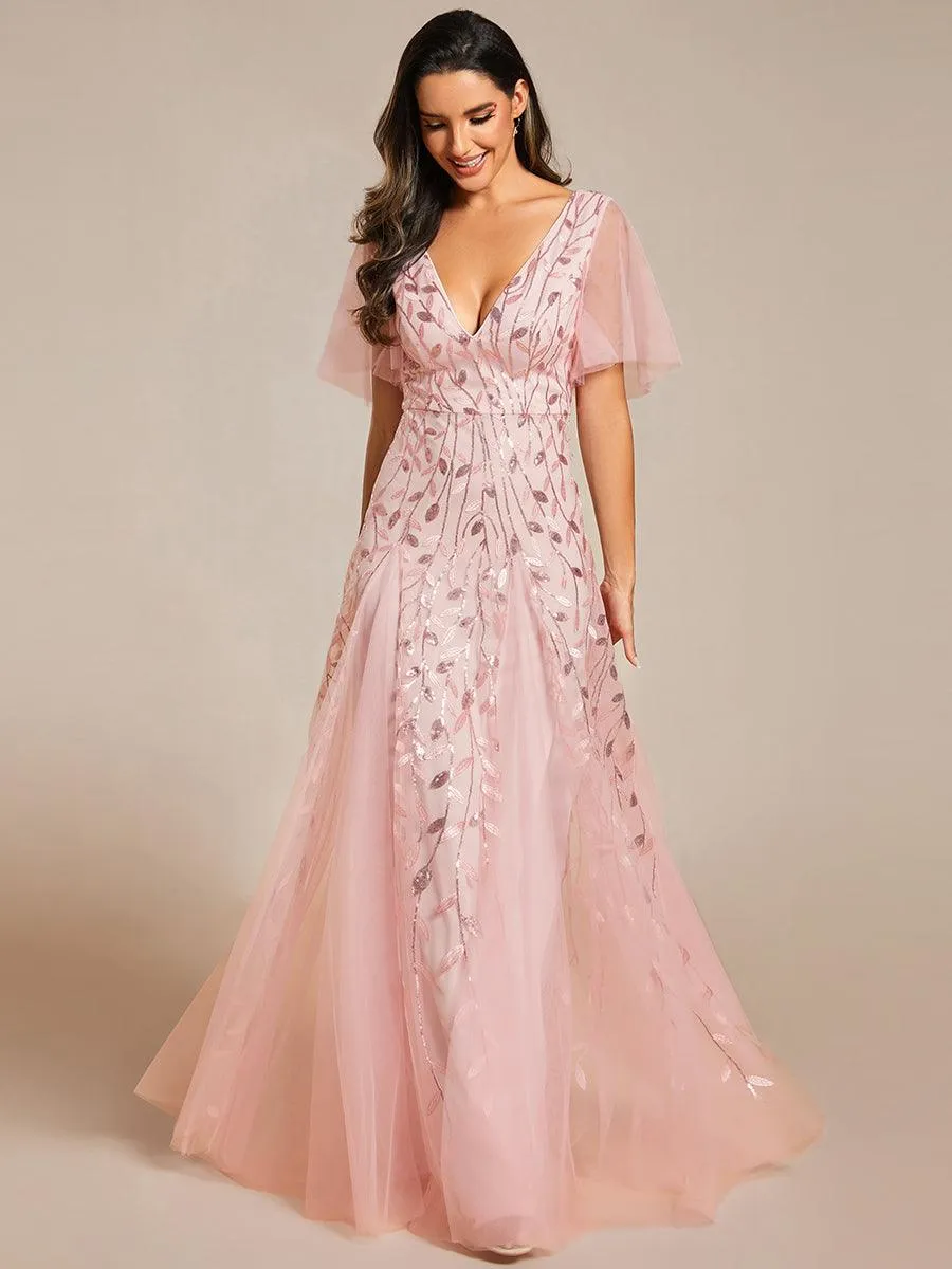 Taille personnalisée Grande Taille Robe de Soirée Romantique Scintillante à col en V et Manches à Volants
