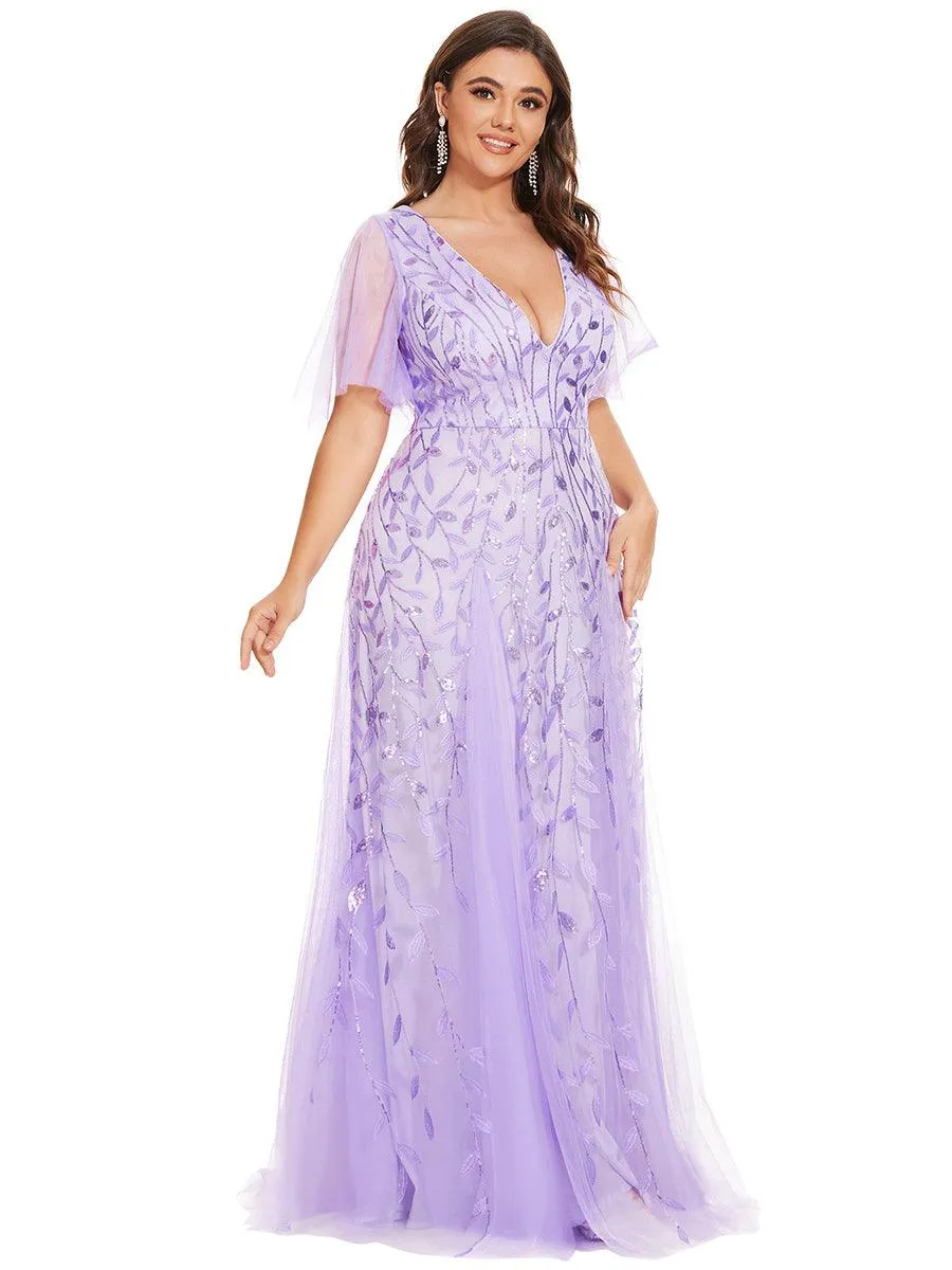 Taille personnalisée Grande Taille Robe de Soirée Romantique Scintillante à col en V et Manches à Volants
