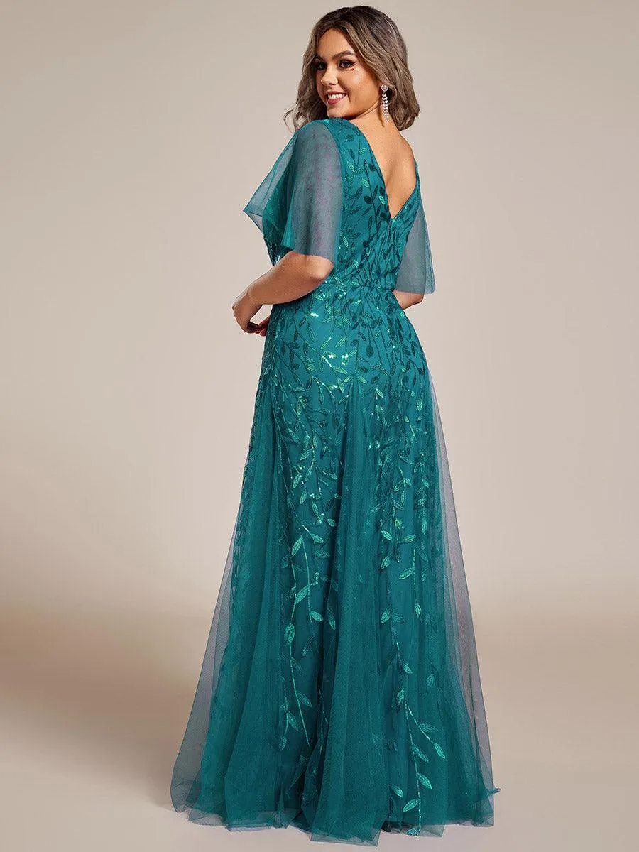 Taille personnalisée Grande Taille Robe de Soirée Romantique Scintillante à col en V et Manches à Volants