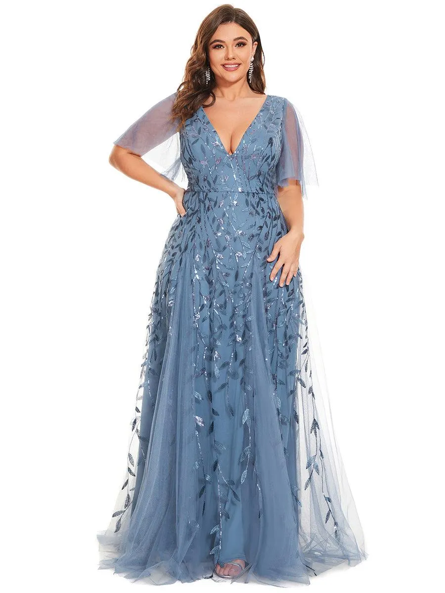 Taille personnalisée Grande Taille Robe de Soirée Romantique Scintillante à col en V et Manches à Volants