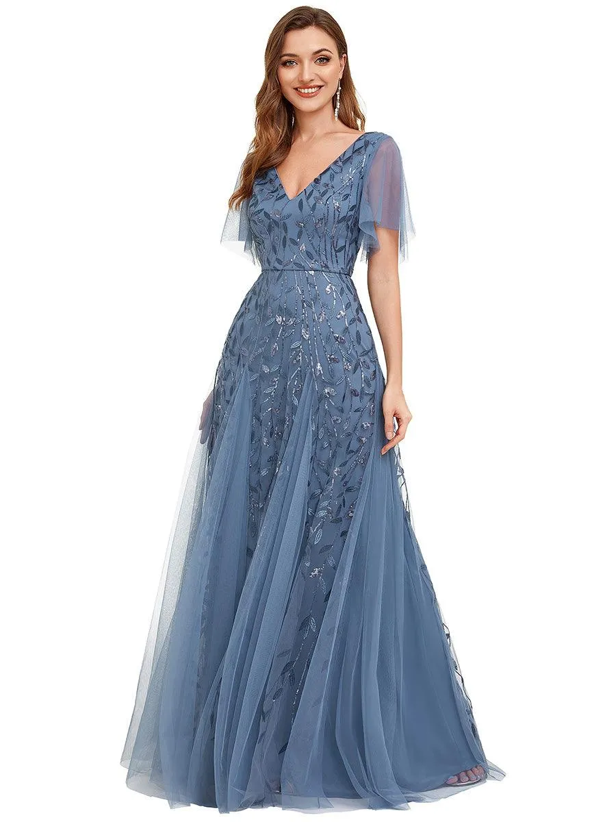 Taille personnalisée Grande Taille Robe de Soirée Romantique Scintillante à col en V et Manches à Volants