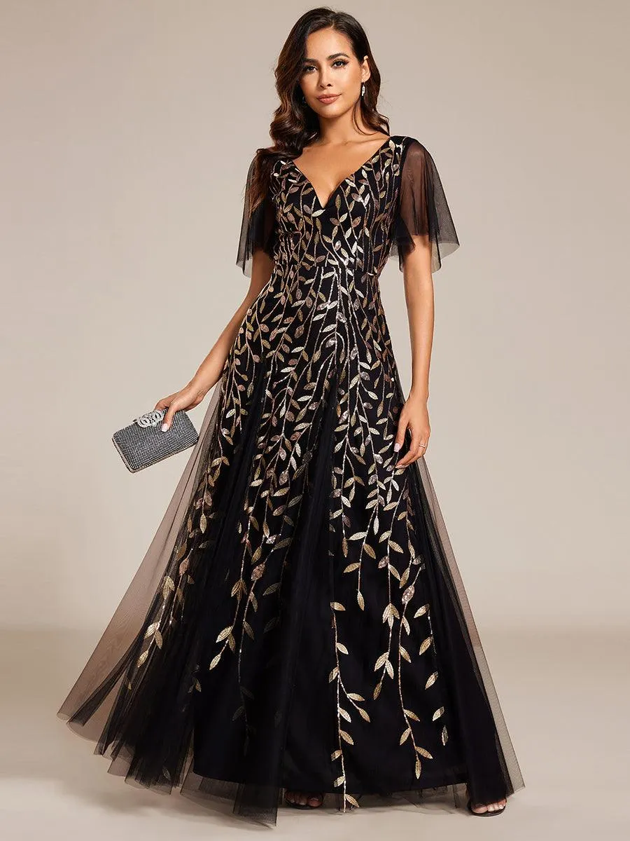 Taille personnalisée Grande Taille Robe de Soirée Romantique Scintillante à col en V et Manches à Volants