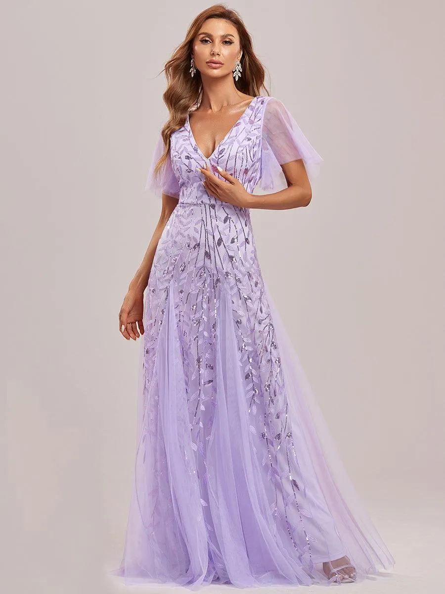 Taille personnalisée Grande Taille Robe de Soirée Romantique Scintillante à col en V et Manches à Volants