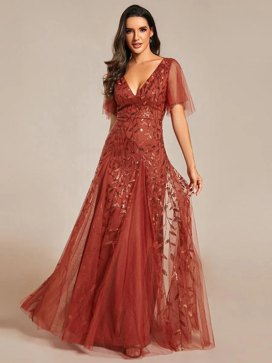 Taille personnalisée Grande Taille Robe de Soirée Romantique Scintillante à col en V et Manches à Volants