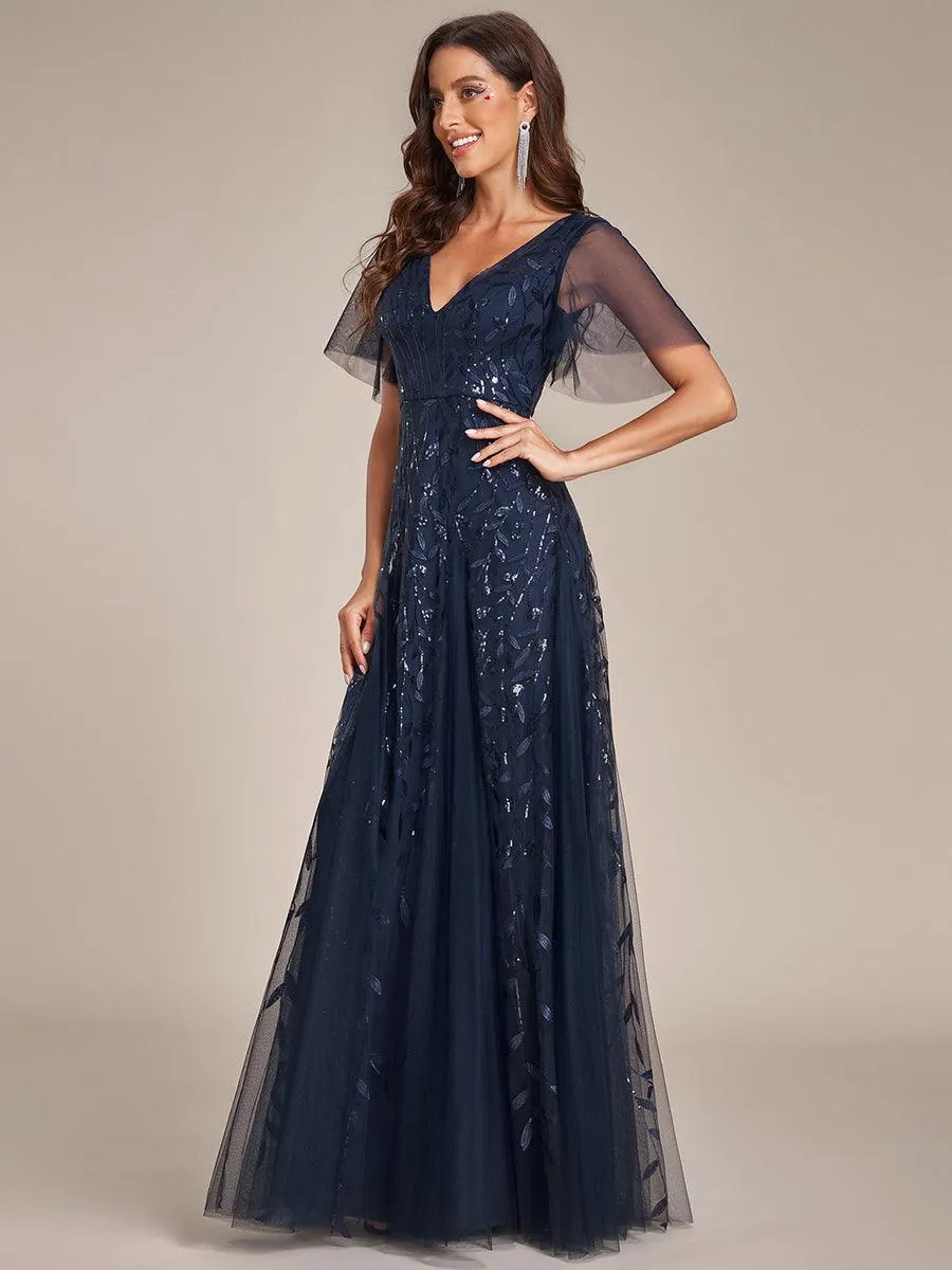 Taille personnalisée Grande Taille Robe de Soirée Romantique Scintillante à col en V et Manches à Volants