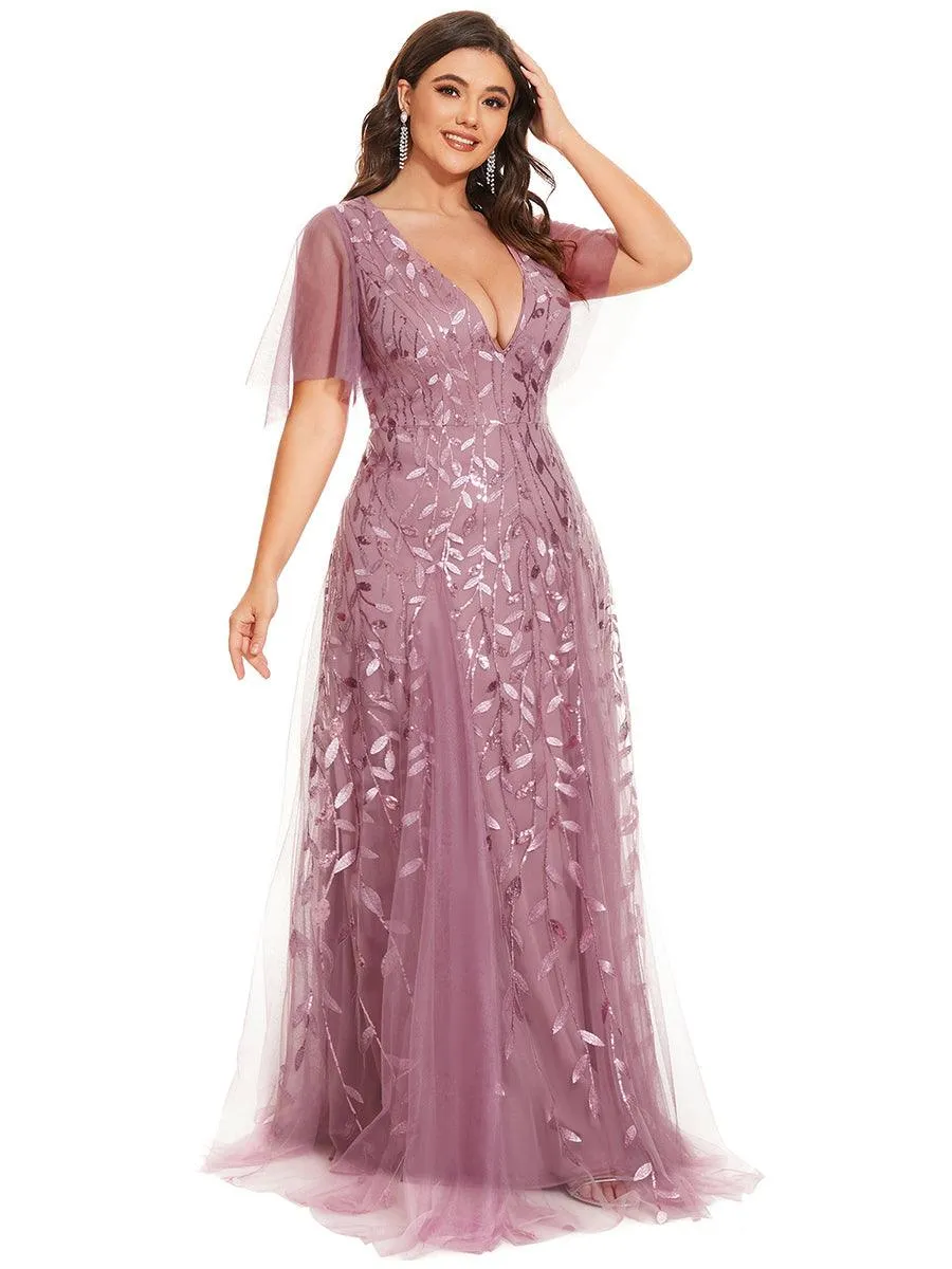 Taille personnalisée Grande Taille Robe de Soirée Romantique Scintillante à col en V et Manches à Volants