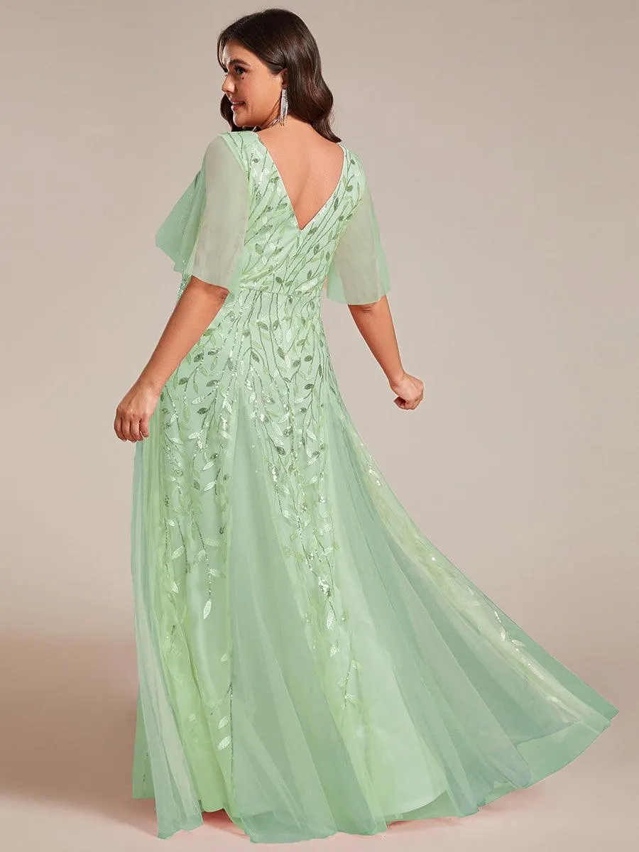 Taille personnalisée Grande Taille Robe de Soirée Romantique Scintillante à col en V et Manches à Volants
