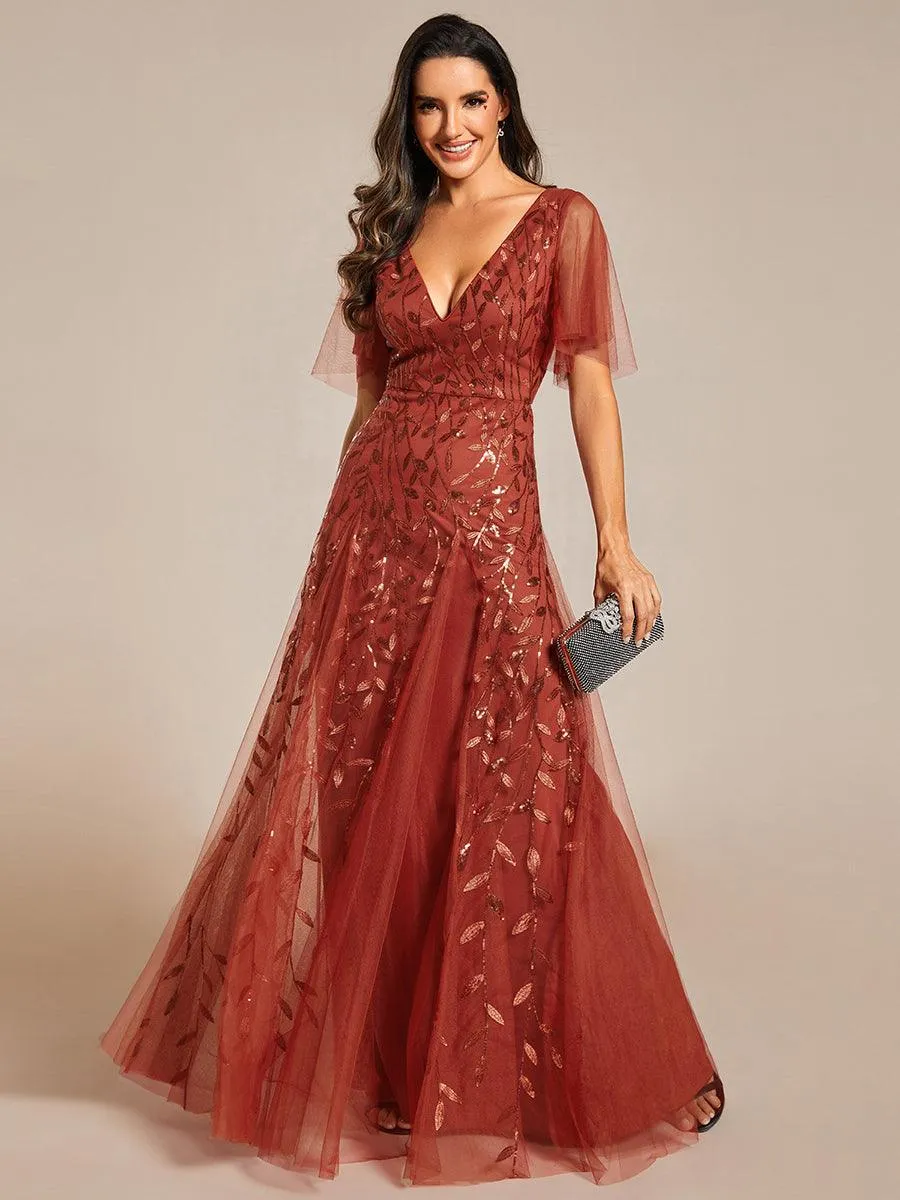 Taille personnalisée Grande Taille Robe de Soirée Romantique Scintillante à col en V et Manches à Volants