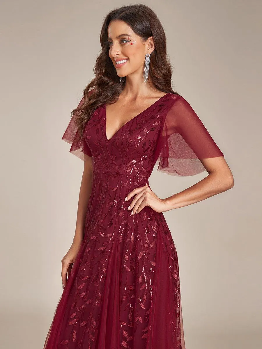 Taille personnalisée Grande Taille Robe de Soirée Romantique Scintillante à col en V et Manches à Volants