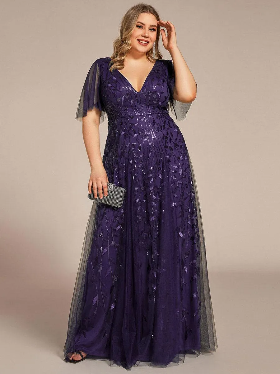 Taille personnalisée Grande Taille Robe de Soirée Romantique Scintillante à col en V et Manches à Volants