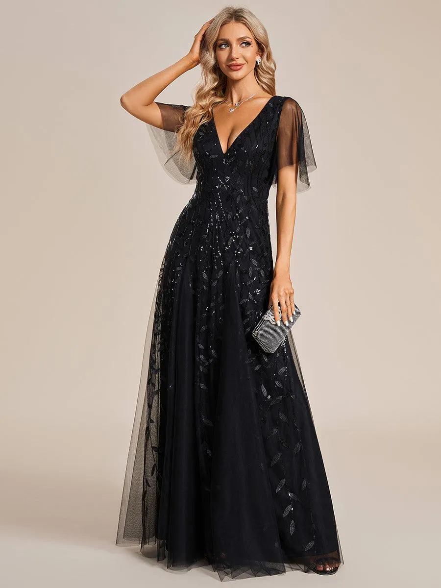 Taille personnalisée Grande Taille Robe de Soirée Romantique Scintillante à col en V et Manches à Volants