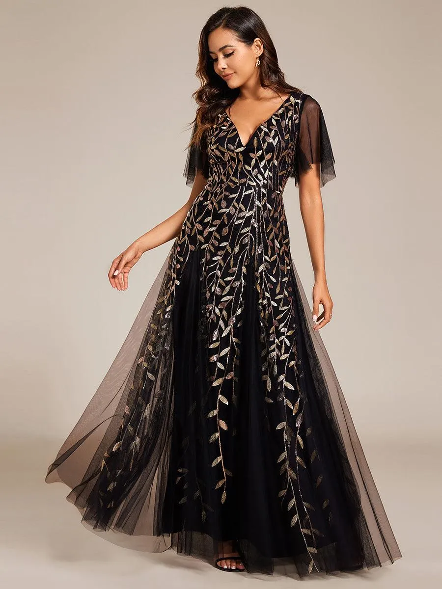 Taille personnalisée Grande Taille Robe de Soirée Romantique Scintillante à col en V et Manches à Volants