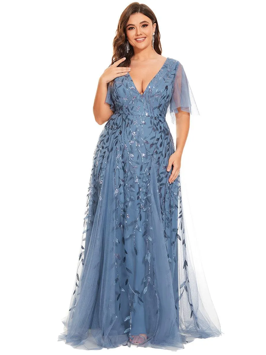 Taille personnalisée Grande Taille Robe de Soirée Romantique Scintillante à col en V et Manches à Volants