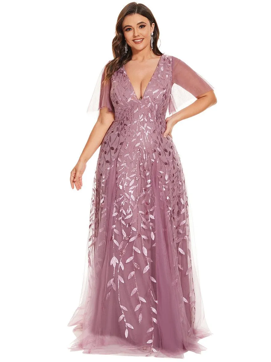 Taille personnalisée Grande Taille Robe de Soirée Romantique Scintillante à col en V et Manches à Volants