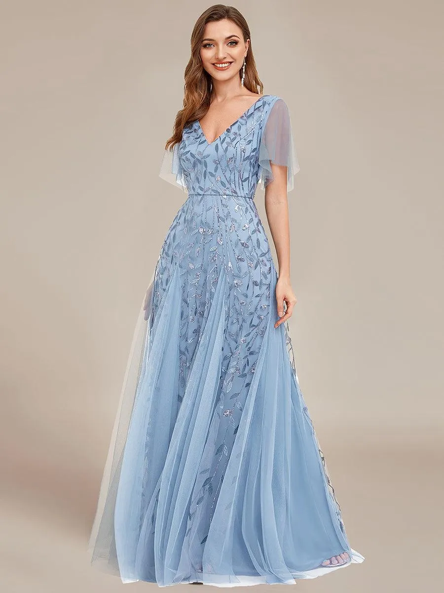 Taille personnalisée Grande Taille Robe de Soirée Romantique Scintillante à col en V et Manches à Volants