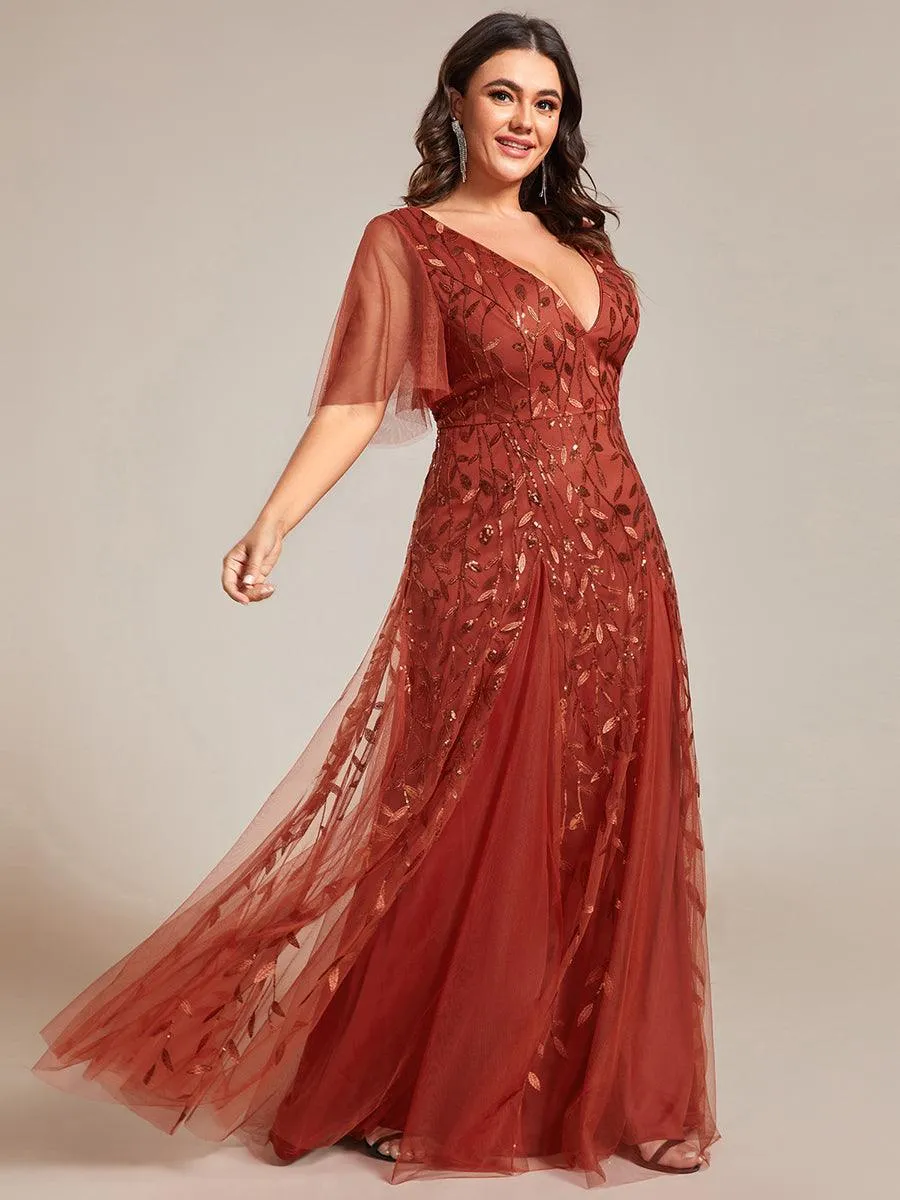Taille personnalisée Grande Taille Robe de Soirée Romantique Scintillante à col en V et Manches à Volants