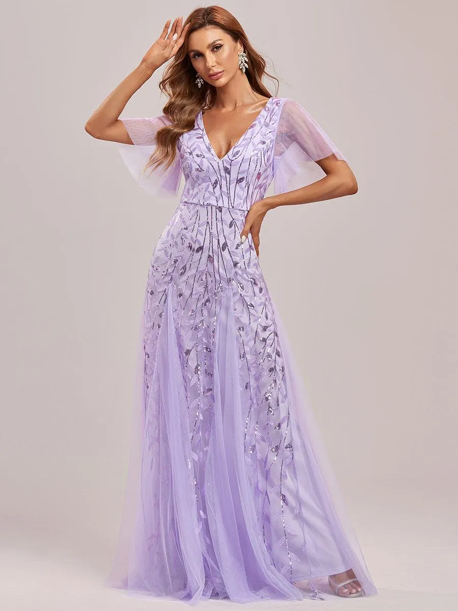 Taille personnalisée Grande Taille Robe de Soirée Romantique Scintillante à col en V et Manches à Volants