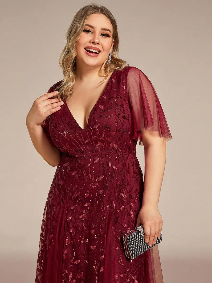 Taille personnalisée Grande Taille Robe de Soirée Romantique Scintillante à col en V et Manches à Volants
