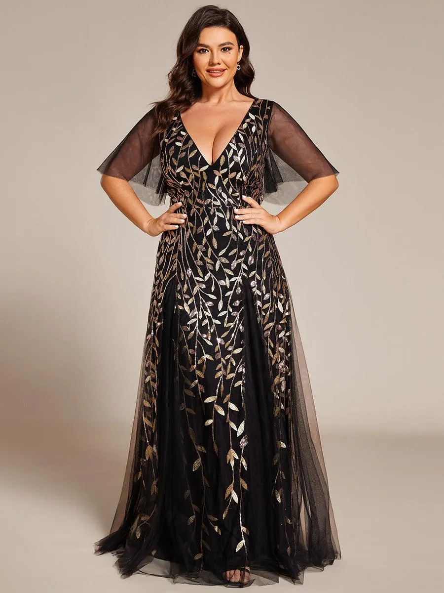 Taille personnalisée Grande Taille Robe de Soirée Romantique Scintillante à col en V et Manches à Volants