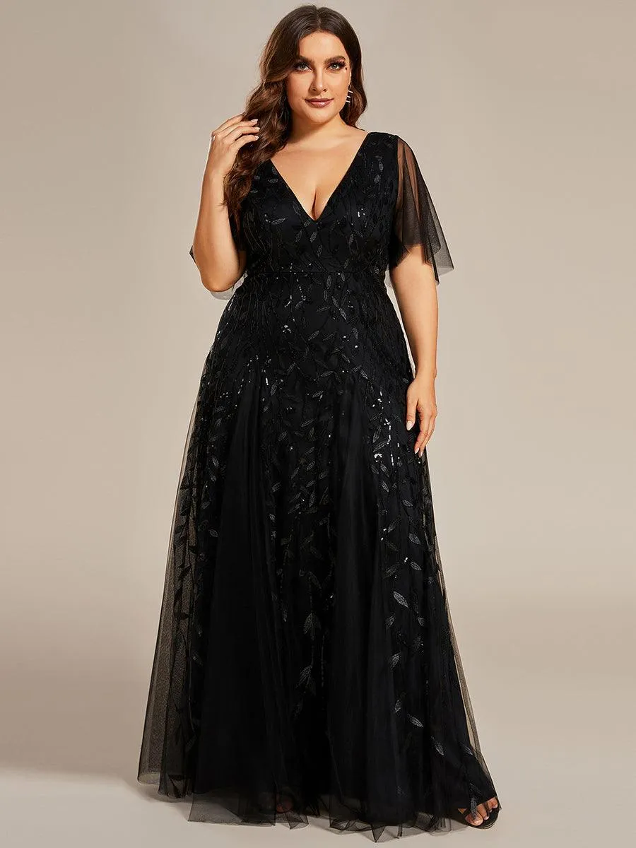 Taille personnalisée Grande Taille Robe de Soirée Romantique Scintillante à col en V et Manches à Volants