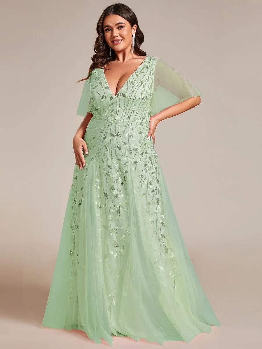 Taille personnalisée Grande Taille Robe de Soirée Romantique Scintillante à col en V et Manches à Volants
