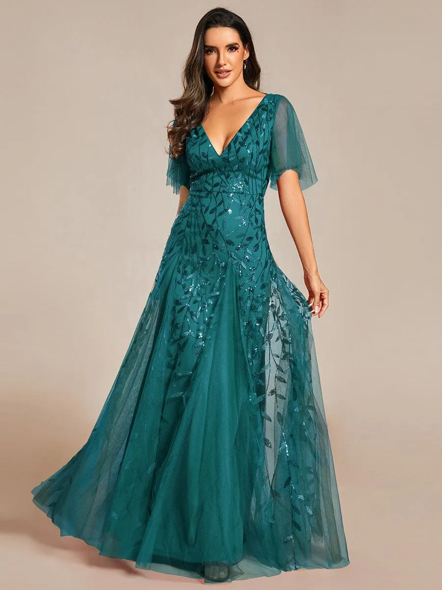 Taille personnalisée Grande Taille Robe de Soirée Romantique Scintillante à col en V et Manches à Volants