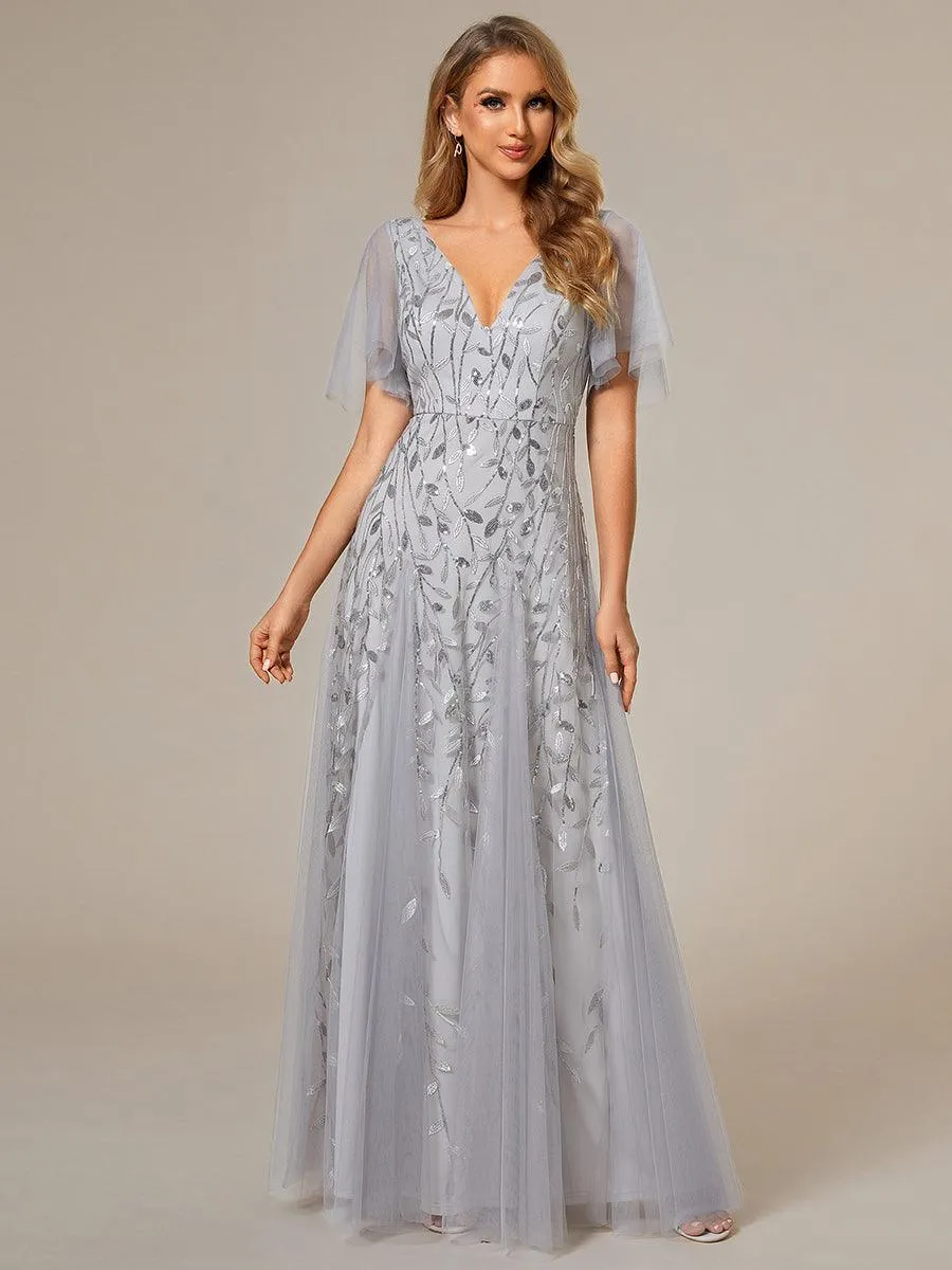 Taille personnalisée Grande Taille Robe de Soirée Romantique Scintillante à col en V et Manches à Volants