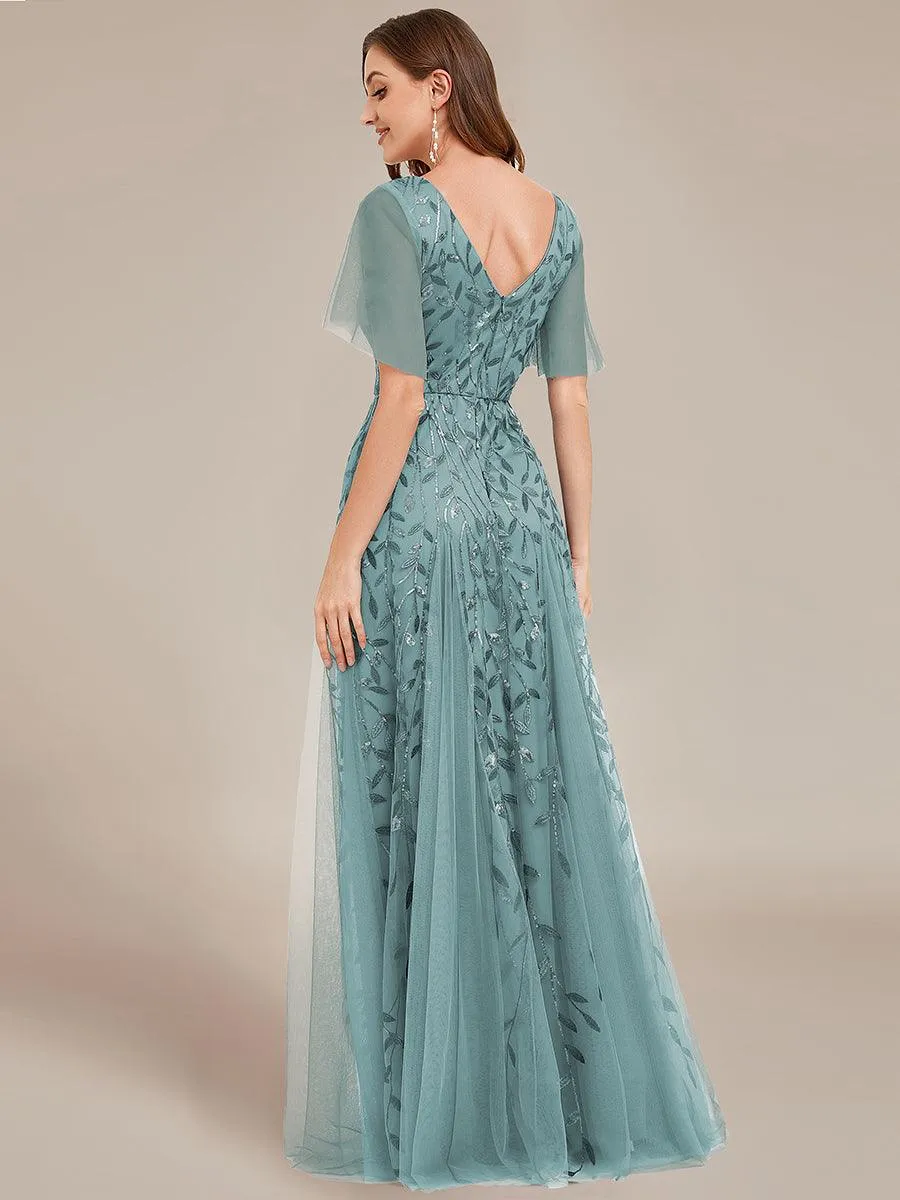 Taille personnalisée Grande Taille Robe de Soirée Romantique Scintillante à col en V et Manches à Volants