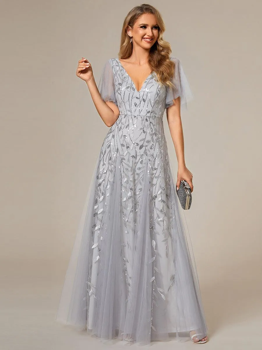 Taille personnalisée Grande Taille Robe de Soirée Romantique Scintillante à col en V et Manches à Volants