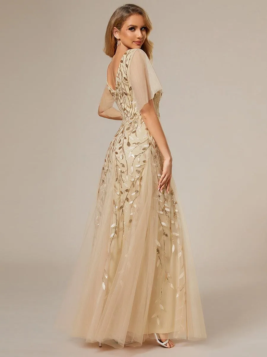 Taille personnalisée Grande Taille Robe de Soirée Romantique Scintillante à col en V et Manches à Volants