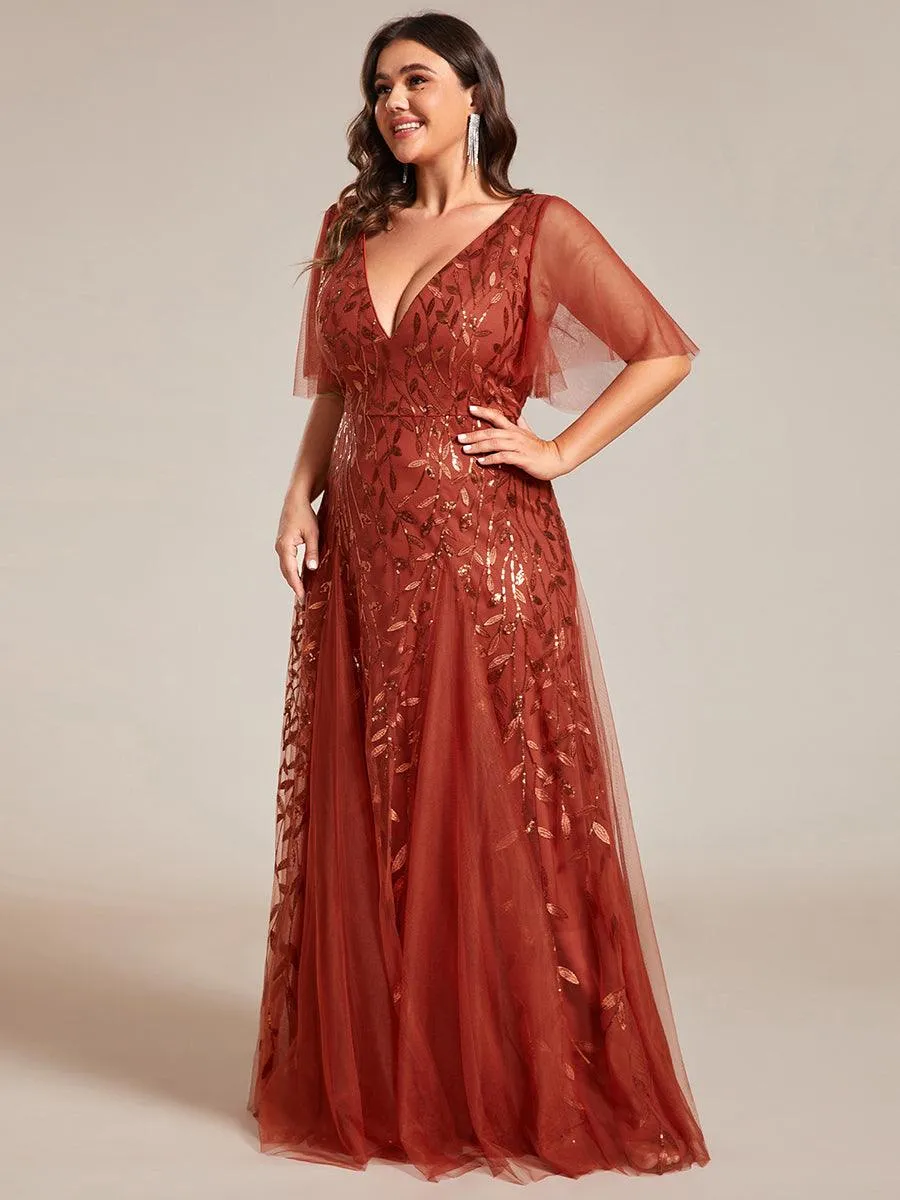 Taille personnalisée Grande Taille Robe de Soirée Romantique Scintillante à col en V et Manches à Volants