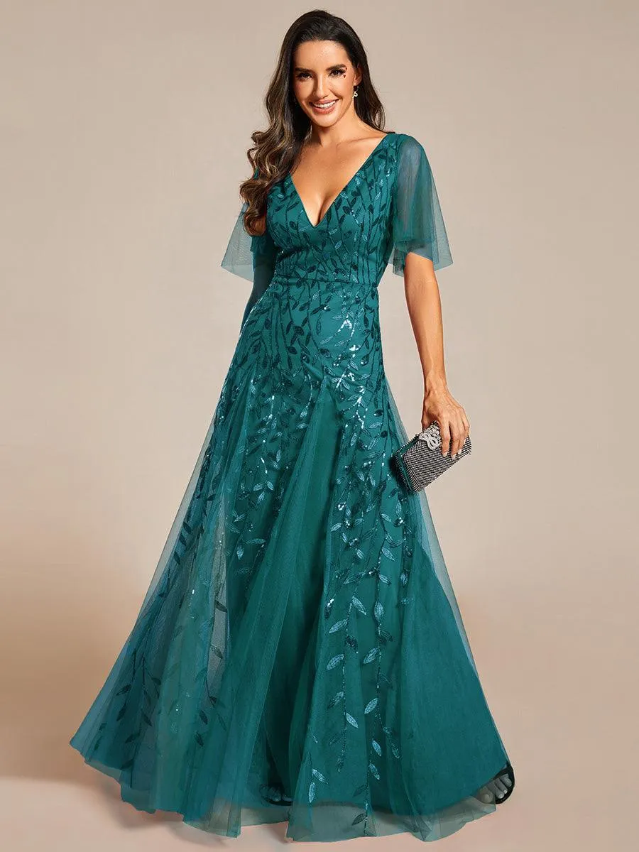 Taille personnalisée Grande Taille Robe de Soirée Romantique Scintillante à col en V et Manches à Volants