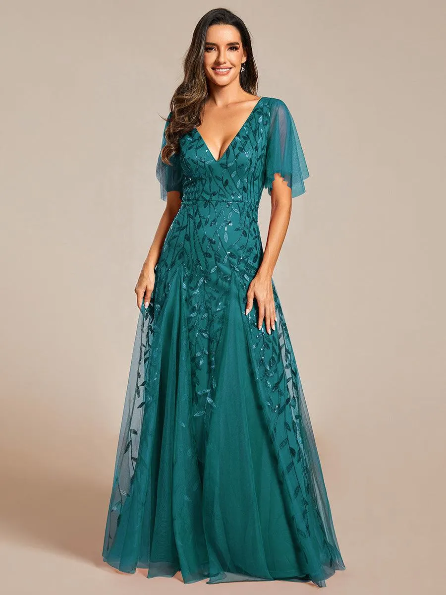 Taille personnalisée Grande Taille Robe de Soirée Romantique Scintillante à col en V et Manches à Volants