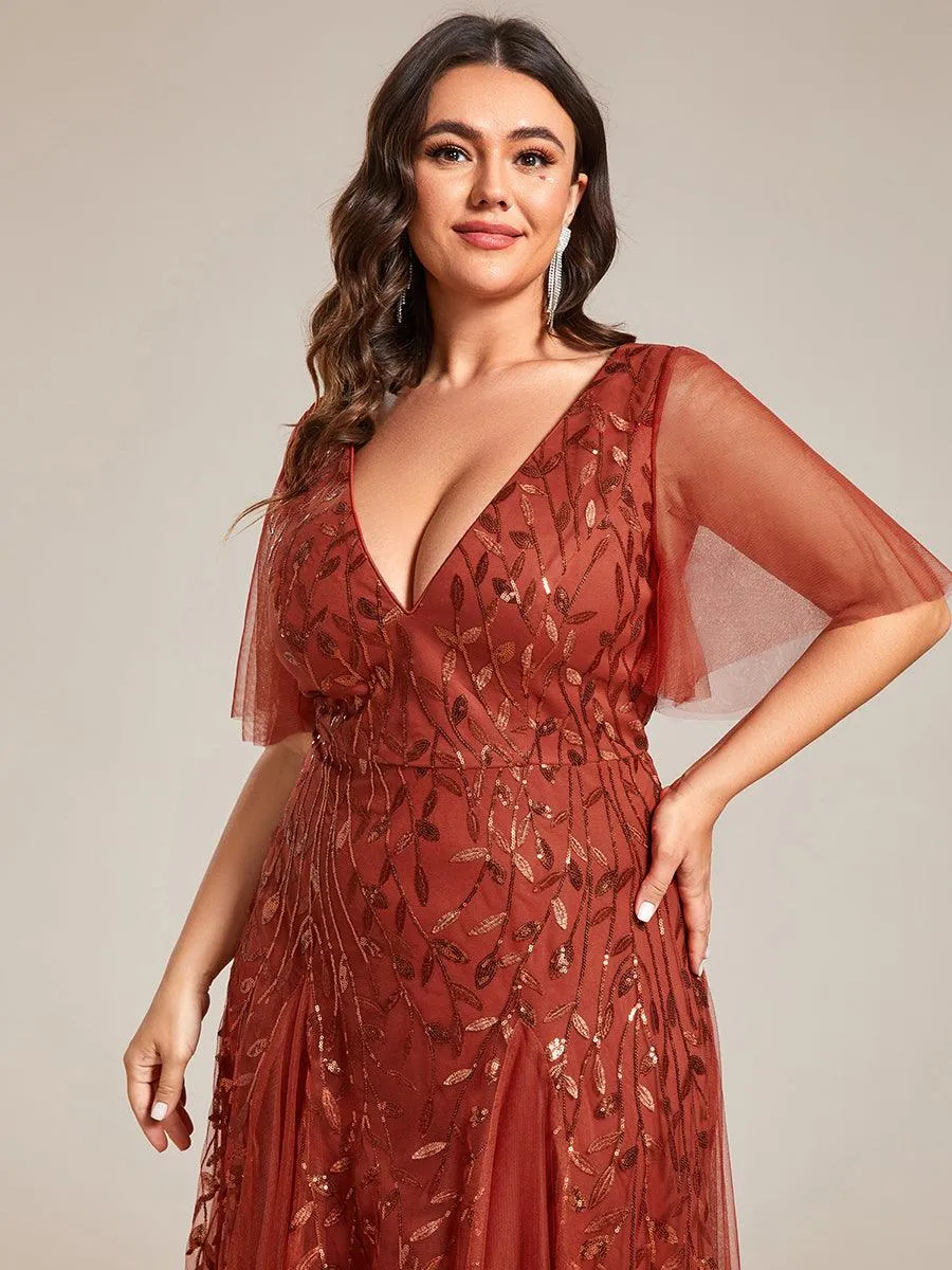 Taille personnalisée Grande Taille Robe de Soirée Romantique Scintillante à col en V et Manches à Volants