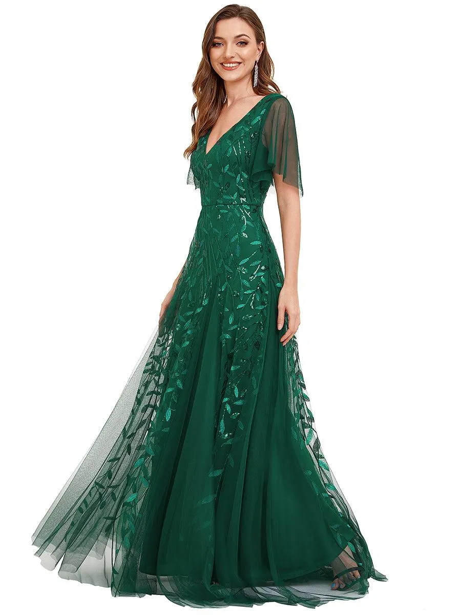 Taille personnalisée Grande Taille Robe de Soirée Romantique Scintillante à col en V et Manches à Volants