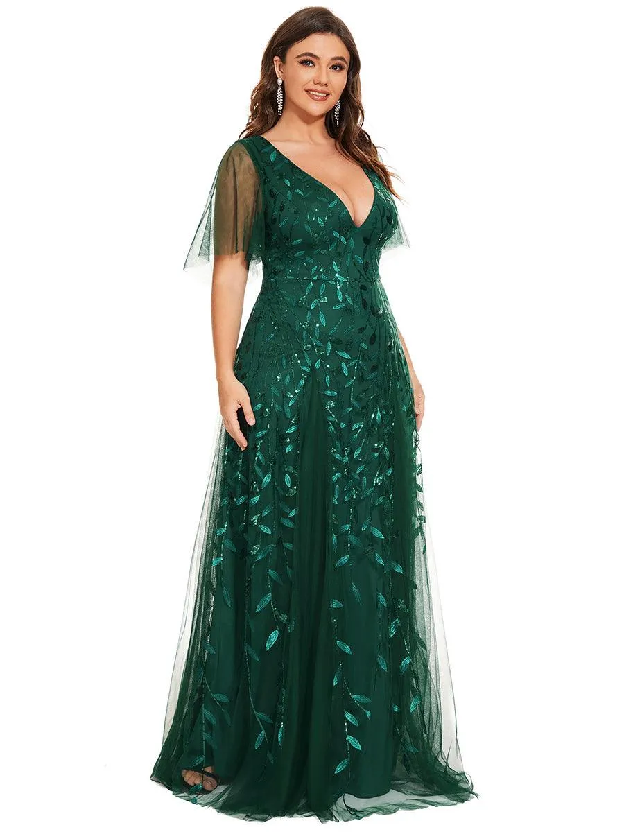 Taille personnalisée Grande Taille Robe de Soirée Romantique Scintillante à col en V et Manches à Volants