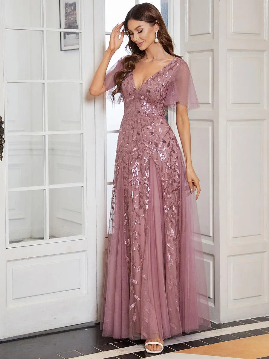 Taille personnalisée Grande Taille Robe de Soirée Romantique Scintillante à col en V et Manches à Volants