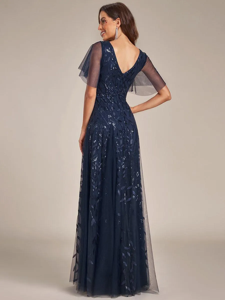 Taille personnalisée Grande Taille Robe de Soirée Romantique Scintillante à col en V et Manches à Volants