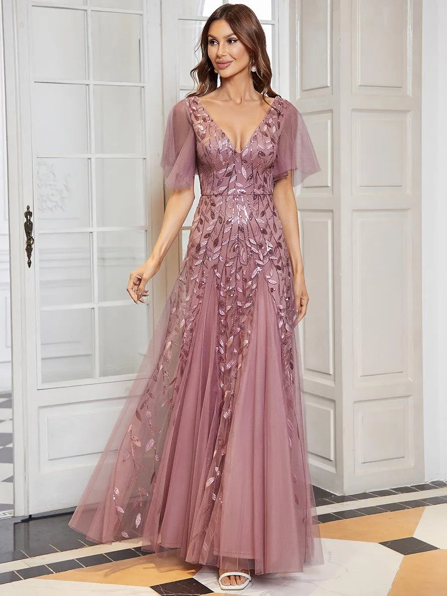 Taille personnalisée Grande Taille Robe de Soirée Romantique Scintillante à col en V et Manches à Volants