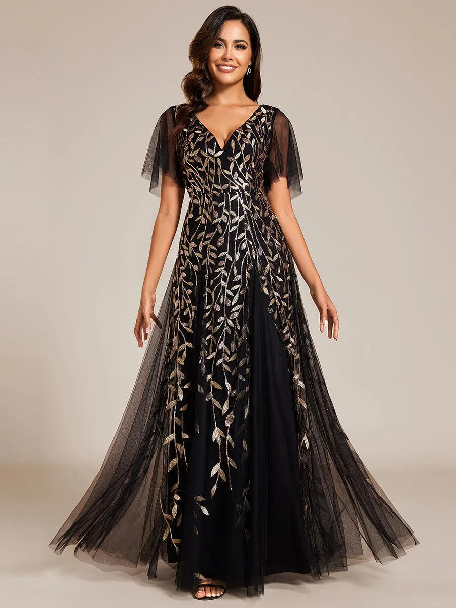 Taille personnalisée Grande Taille Robe de Soirée Romantique Scintillante à col en V et Manches à Volants
