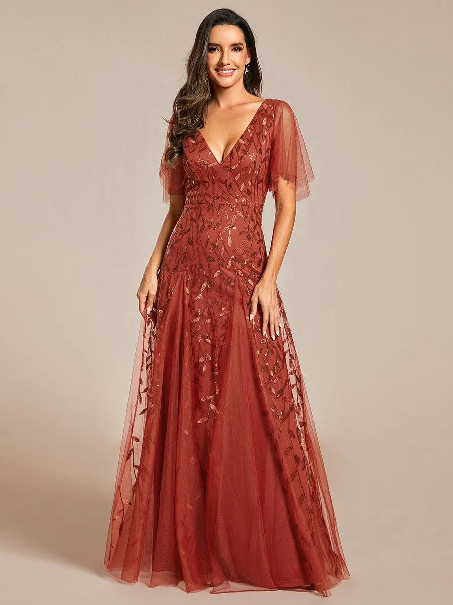 Taille personnalisée Grande Taille Robe de Soirée Romantique Scintillante à col en V et Manches à Volants