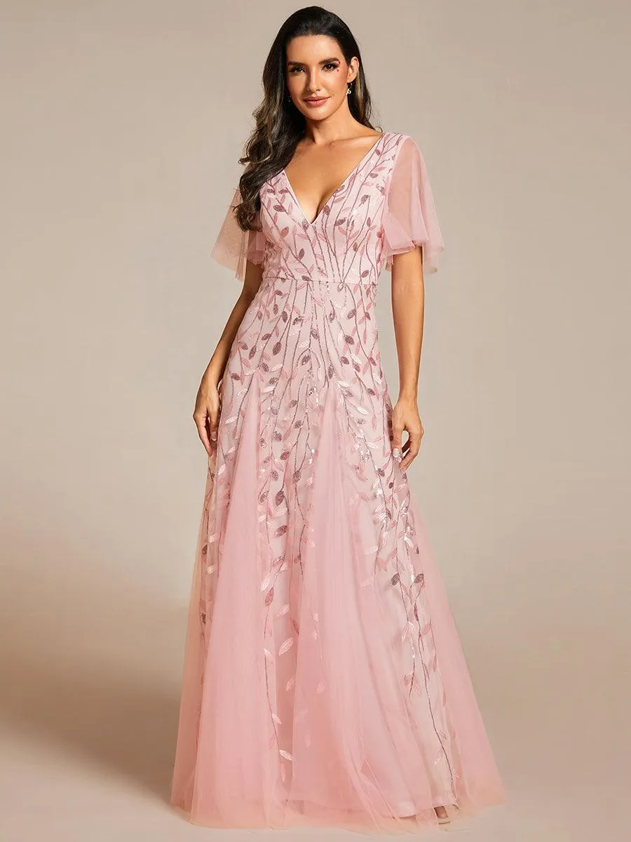 Taille personnalisée Grande Taille Robe de Soirée Romantique Scintillante à col en V et Manches à Volants
